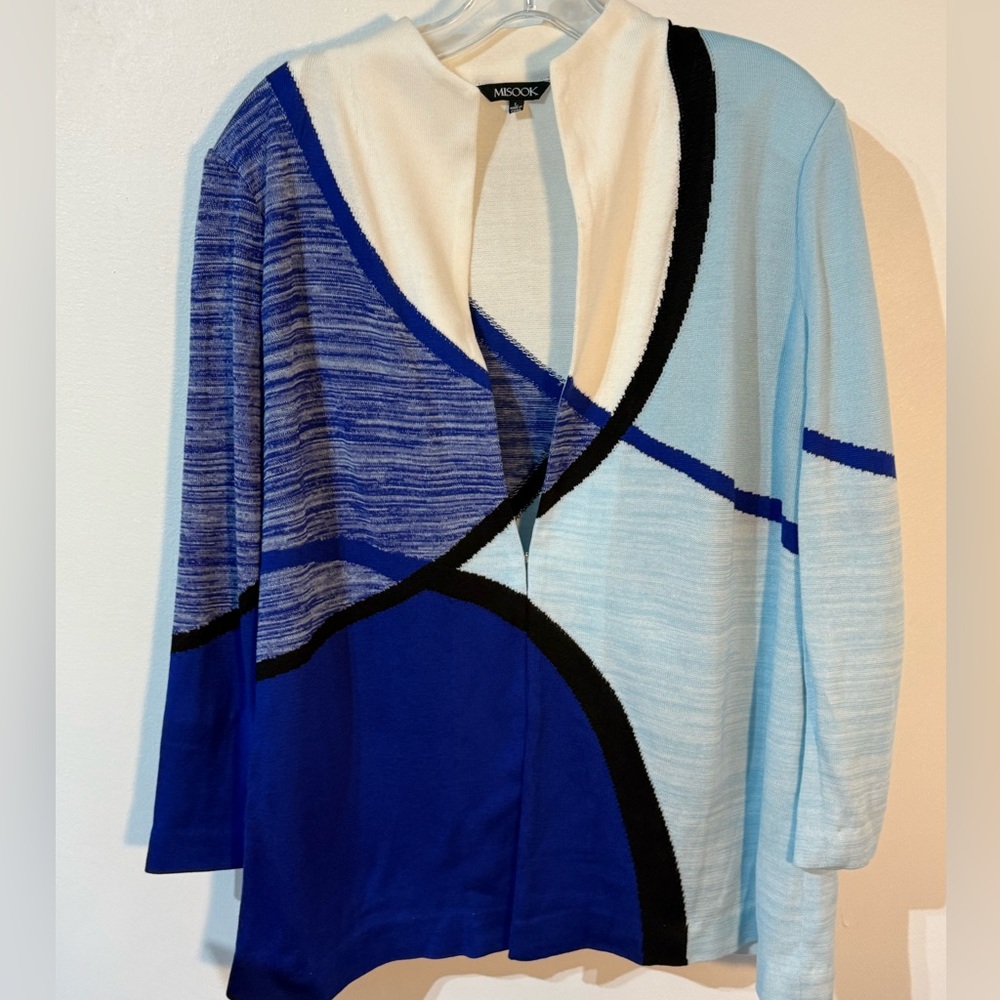 Misook Cardigan Women's large Color Block Blue Long Sleeve Open Front Sweater